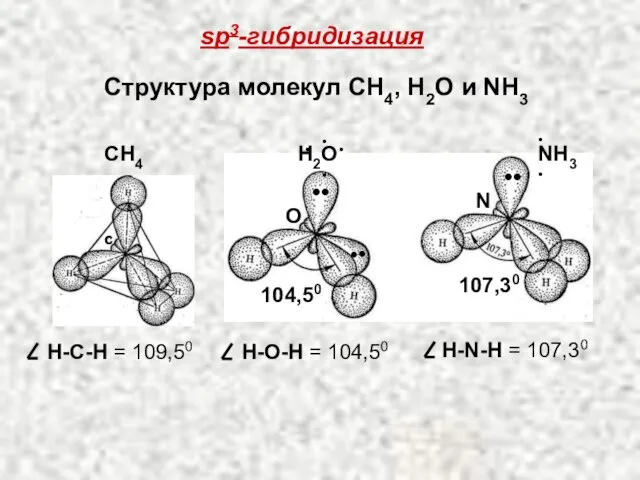 sp3-гибридизация Структура молекул СН4, Н2О и NН3 CН4 О N C 104,50