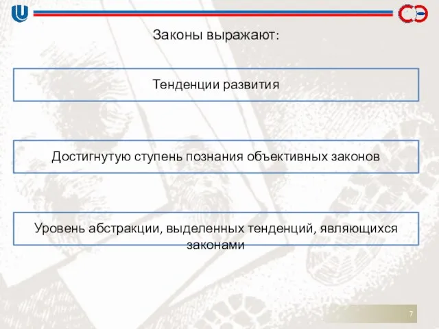 Законы выражают: Тенденции развития Достигнутую ступень познания объективных законов Уровень абстракции, выделенных тенденций, являющихся законами