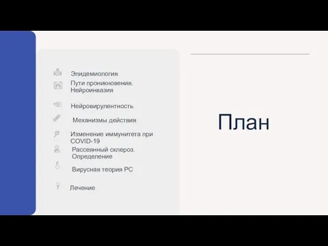 План Эпидемиология Пути проникновения. Нейроинвазия Нейровирулентность Рассеянный склероз. Определение Вирусная теория РС