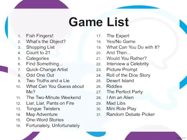 Game List Fish Fingers! What’s the Object? Shopping List Count to 21