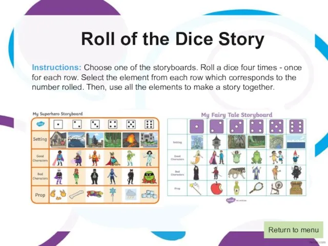 Roll of the Dice Story Instructions: Choose one of the storyboards. Roll