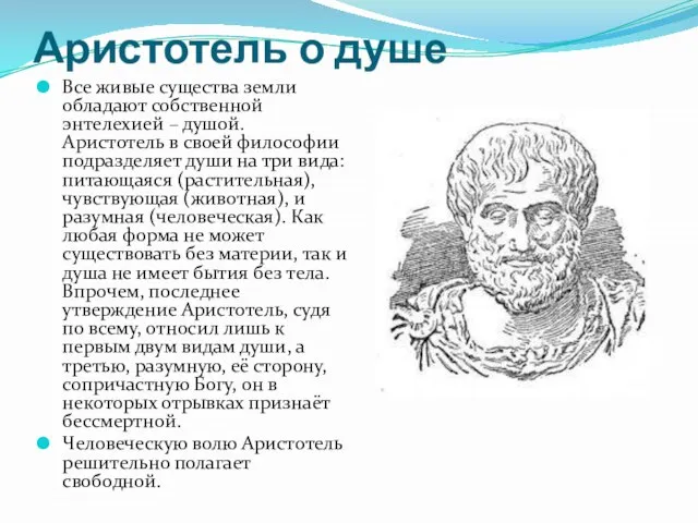 Аристотель о душе Все живые существа земли обладают собственной энтелехией – душой.