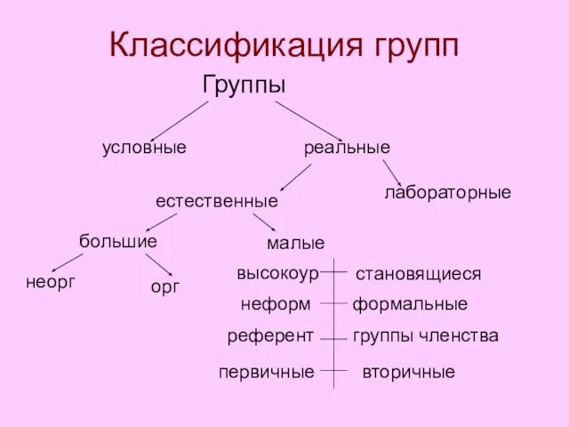 Классификация групп Группы условные реальные естественные лабораторные большие малые неорг орг высокоур