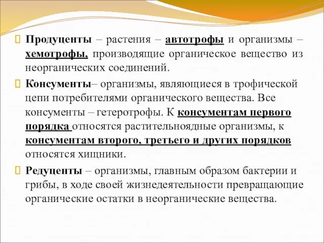 Продуценты – растения – автотрофы и организмы – хемотрофы, производящие органическое вещество