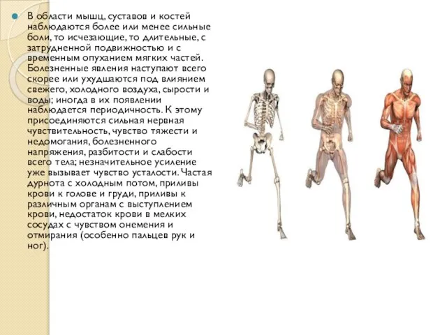 В области мышц, суставов и костей наблюдаются более или менее сильные боли,