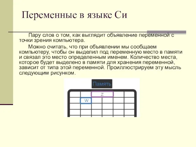 Переменные в языке Си Пару слов о том, как выглядит объявление переменной