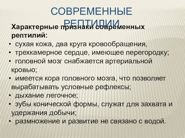 Характерные признаки современных рептилий: сухая кожа, два круга кровообращения, трехкамерное сердце, имеющее