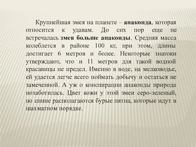 Крупнейшая змея на планете – анаконда, которая относится к удавам. До сих