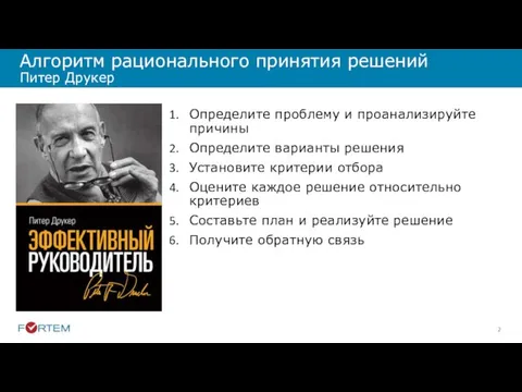 Алгоритм рационального принятия решений Питер Друкер Определите проблему и проанализируйте причины Определите