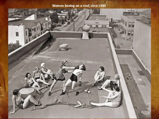 Women boxing on a roof, circa 1930