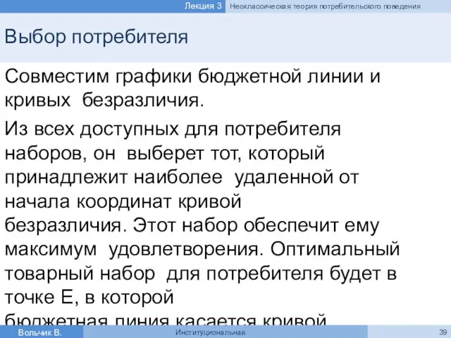 Выбор потребителя Совместим графики бюджетной линии и кривых безразличия. Из всех доступных