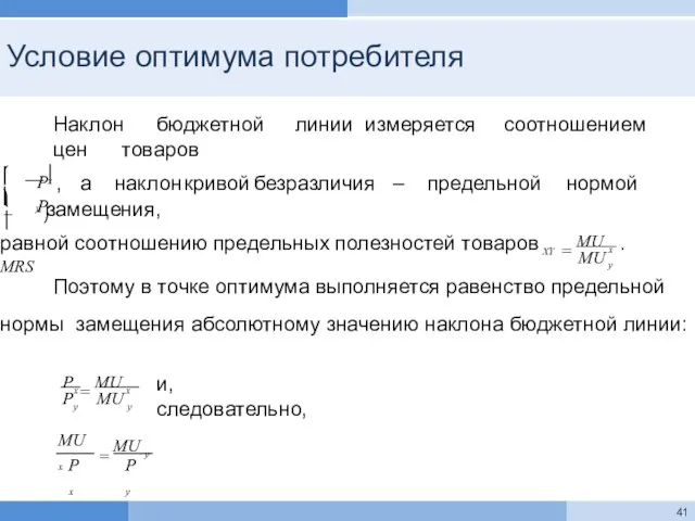 Условие оптимума потребителя Наклон бюджетной линии измеряется соотношением цен товаров ⎝ ⎜