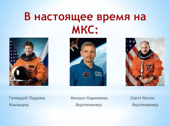 Геннадий Падалка Михаил Корниенко Скотт Келли Командир бортинженер бортинженер В настоящее время на МКС: