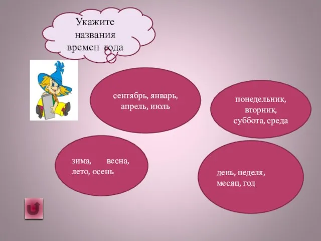 Укажите названия времен года день, неделя, месяц, год сентябрь, январь, апрель, июль