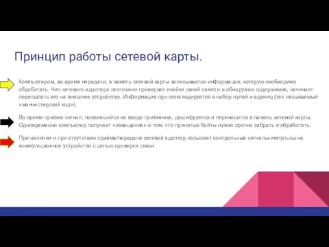 Принцип работы сетевой карты. Компьютером, во время передачи, в память сетевой карты