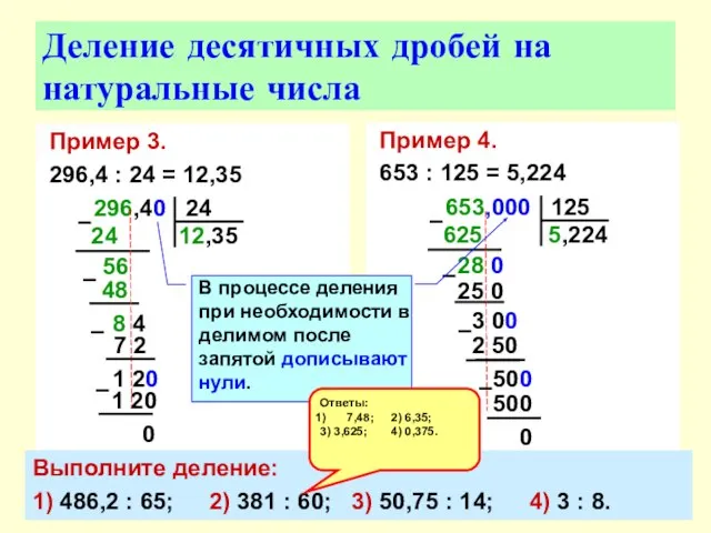 Пример 3. 296,4 : 24 = 12,35 Деление десятичных дробей на натуральные