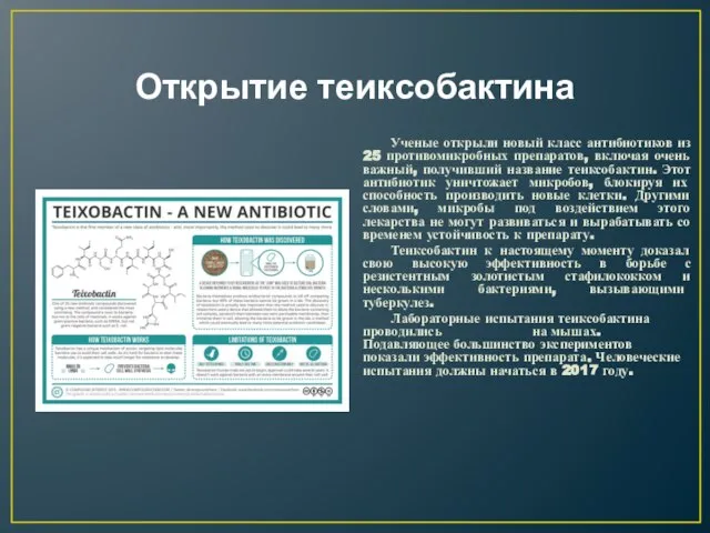 Открытие теиксобактина Ученые открыли новый класс антибиотиков из 25 противомикробных препаратов, включая