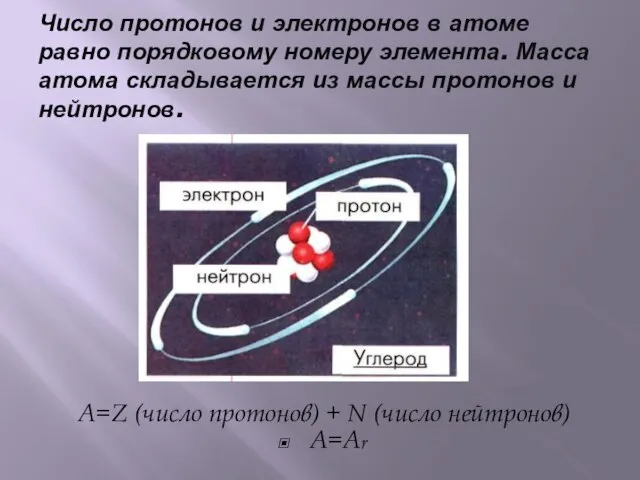 Число протонов и электронов в атоме равно порядковому номеру элемента. Масса атома