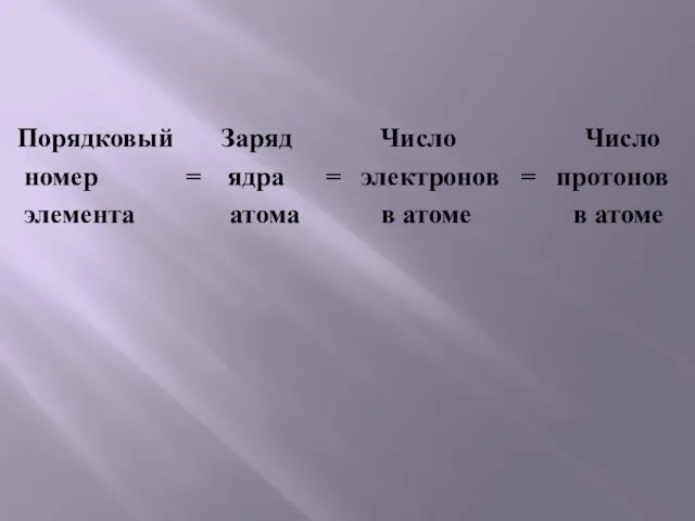 Порядковый Заряд Число Число номер = ядра = электронов = протонов элемента