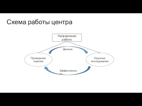 Схема работы центра Направления работы Проведение терапии Научные исследования Эффективность Данные