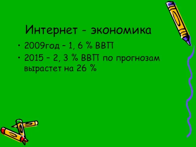 Интернет - экономика 2009год – 1, 6 % ВВП 2015 – 2,