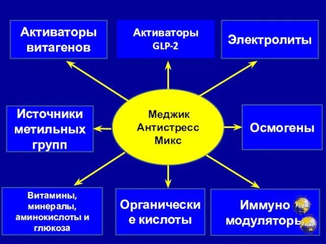 Витамины, минералы, аминокислоты и глюкоза Активаторы витагенов Активаторы GLP-2 Органические кислоты Иммуно