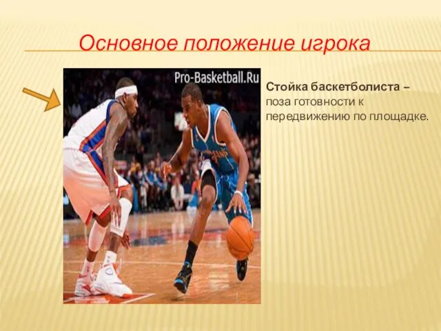 Основное положение игрока Стойка баскетболиста – поза готовности к передвижению по площадке.