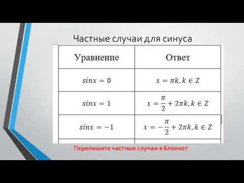 Частные случаи для синуса Перепишите частные случаи в блокнот