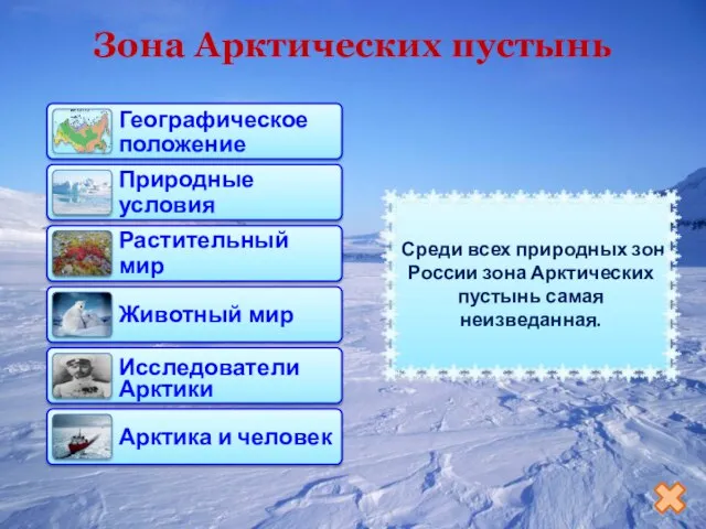Зона Арктических пустынь Среди всех природных зон России зона Арктических пустынь самая неизведанная.