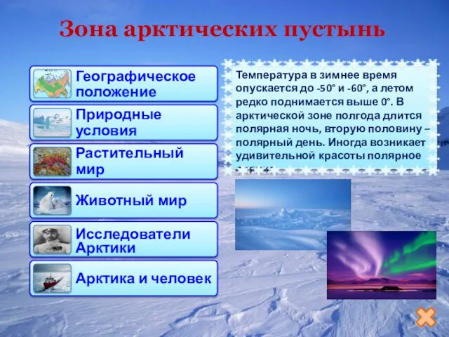 Зона арктических пустынь Температура в зимнее время опускается до -50° и -60°,