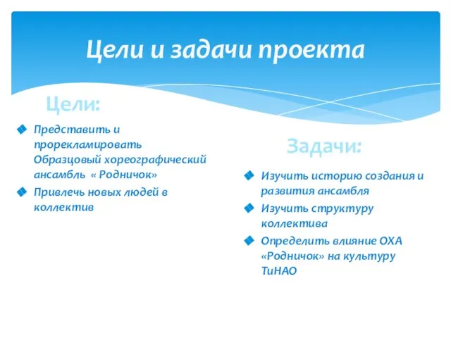 Цели и задачи проекта Представить и прорекламировать Образцовый хореографический ансамбль « Родничок»