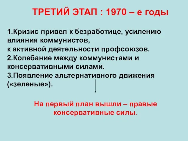 ТРЕТИЙ ЭТАП : 1970 – е годы 1.Кризис привел к безработице, усилению