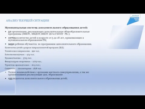 АНАЛИЗ ТЕКУЩЕЙ СИТУАЦИИ Муниципальная система дополнительного образования детей: 52 организации, реализующих дополнительные