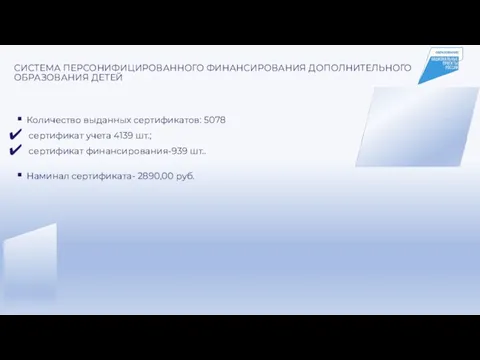 СИСТЕМА ПЕРСОНИФИЦИРОВАННОГО ФИНАНСИРОВАНИЯ ДОПОЛНИТЕЛЬНОГО ОБРАЗОВАНИЯ ДЕТЕЙ Количество выданных сертификатов: 5078 сертификат учета