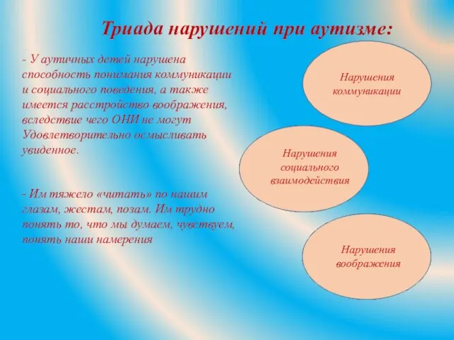 Триада нарушений при аутизме: - У аутичных детей нарушена способность понимания коммуникации