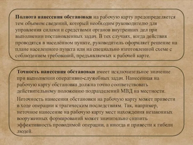 Полнота нанесения обстановки на рабочую карту предопределяется тем объемом сведений, который необходим