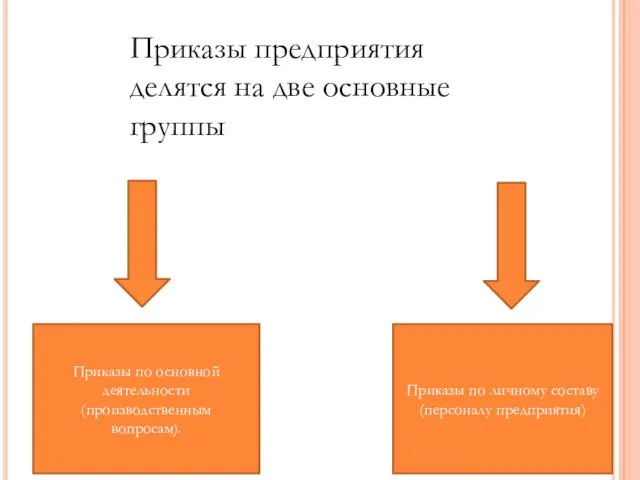 Приказы предприятия делятся на две основные группы Приказы по основной деятельности (производственным