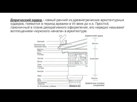 Дорический ордер – самый ранний из древнегреческих архитектурных ордеров, появился в период