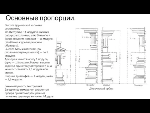 Основные пропорции. Высота дорической колонны составляет, по Витрувию, 14 модулей (нижних радиусов