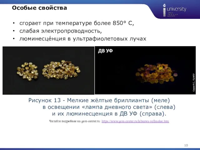 Рисунок 13 - Мелкие жёлтые бриллианты (меле) в освещении «лампа дневного света»