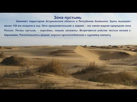 Зона пустынь Занимает территорию Астраханской области и Республики Калмыкия. Здесь выпадает менее