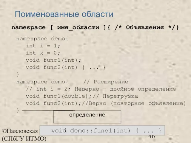 ©Павловская Т.А. (СПбГУ ИТМО) Поименованные области namespace [ имя_области ]{ /* Объявления