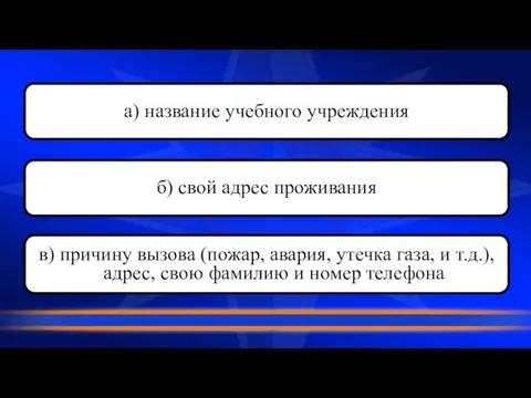 а) название учебного учреждения б) свой адрес проживания в) причину вызова (пожар,