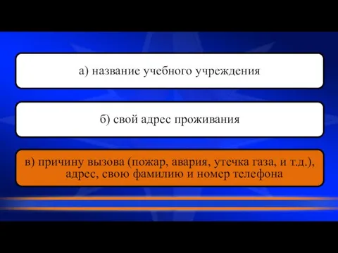 а) название учебного учреждения б) свой адрес проживания в) причину вызова (пожар,