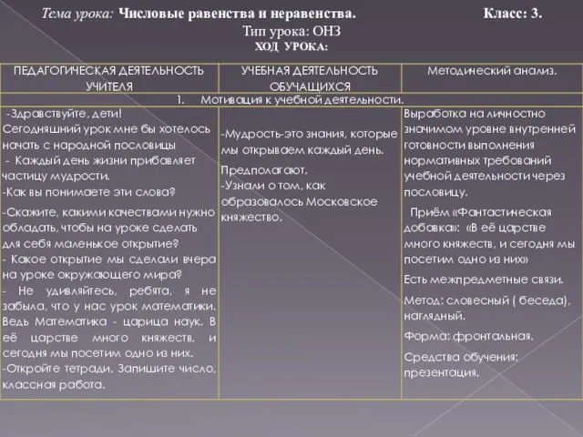 Тема урока: Числовые равенства и неравенства. Класс: 3. Тип урока: ОНЗ ХОД УРОКА: