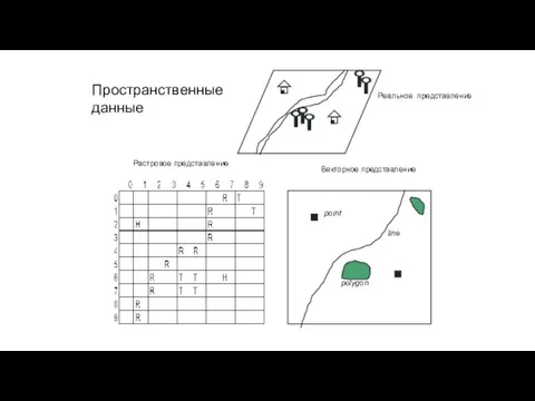 Реальное представление Векторное представление Растровое представление Пространственные данные line polygon point