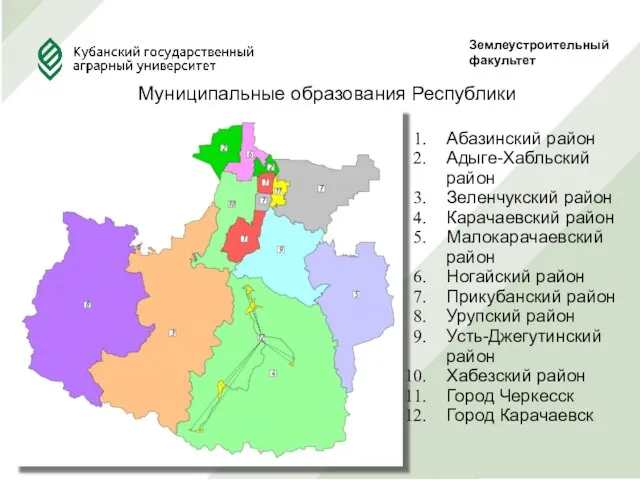 Землеустроительныйфакультет Муниципальные образования Республики Абазинский район Адыге-Хабльский район Зеленчукский район Карачаевский район