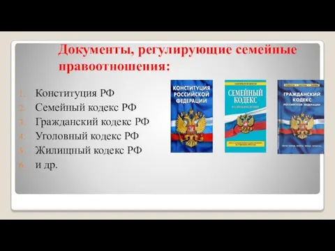 Документы, регулирующие семейные правоотношения: Конституция РФ Семейный кодекс РФ Гражданский кодекс РФ