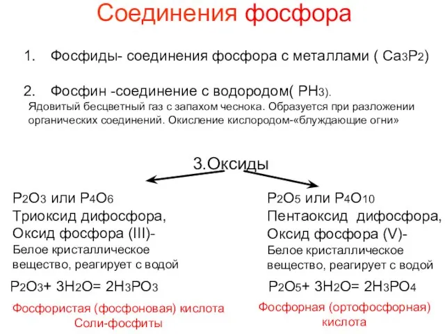 Соединения фосфора Фосфиды- соединения фосфора с металлами ( Ca3P2) Фосфин -соединение с