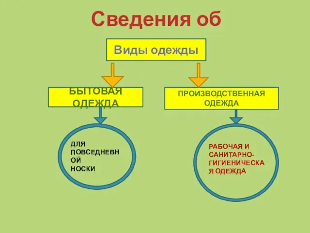 Сведения об одежде Виды одежды БЫТОВАЯ ОДЕЖДА ПРОИЗВОДСТВЕННАЯ ОДЕЖДА ДЛЯ ПОВСЕДНЕВНОЙ НОСКИ